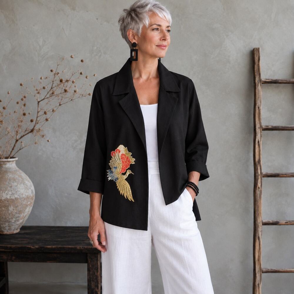 Vintage Nira Nira Black Silk Embroidered Topper Blazer Medium